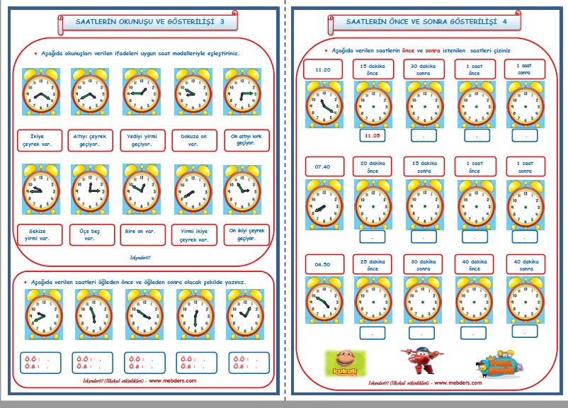 3. Sınıf Matematik Saatlerin Okunuşu ve Gösterilişi 3-4 (2 Sayfa)