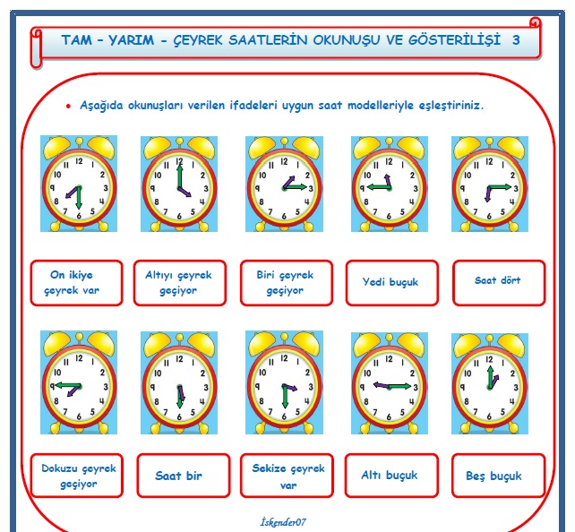 2. Sınıf Matematik Tam Yarım Çeyrek Saatlerin Okunuşu ve Gösterilişi 3