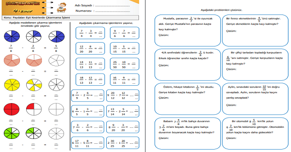 4. Sınıf Matematik Paydaları Eşit Kesirlerde Çıkarma İşlemi Etkinliği 1