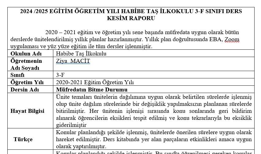 3. Sınıf Ders Kesim Raporu (2024-2025)