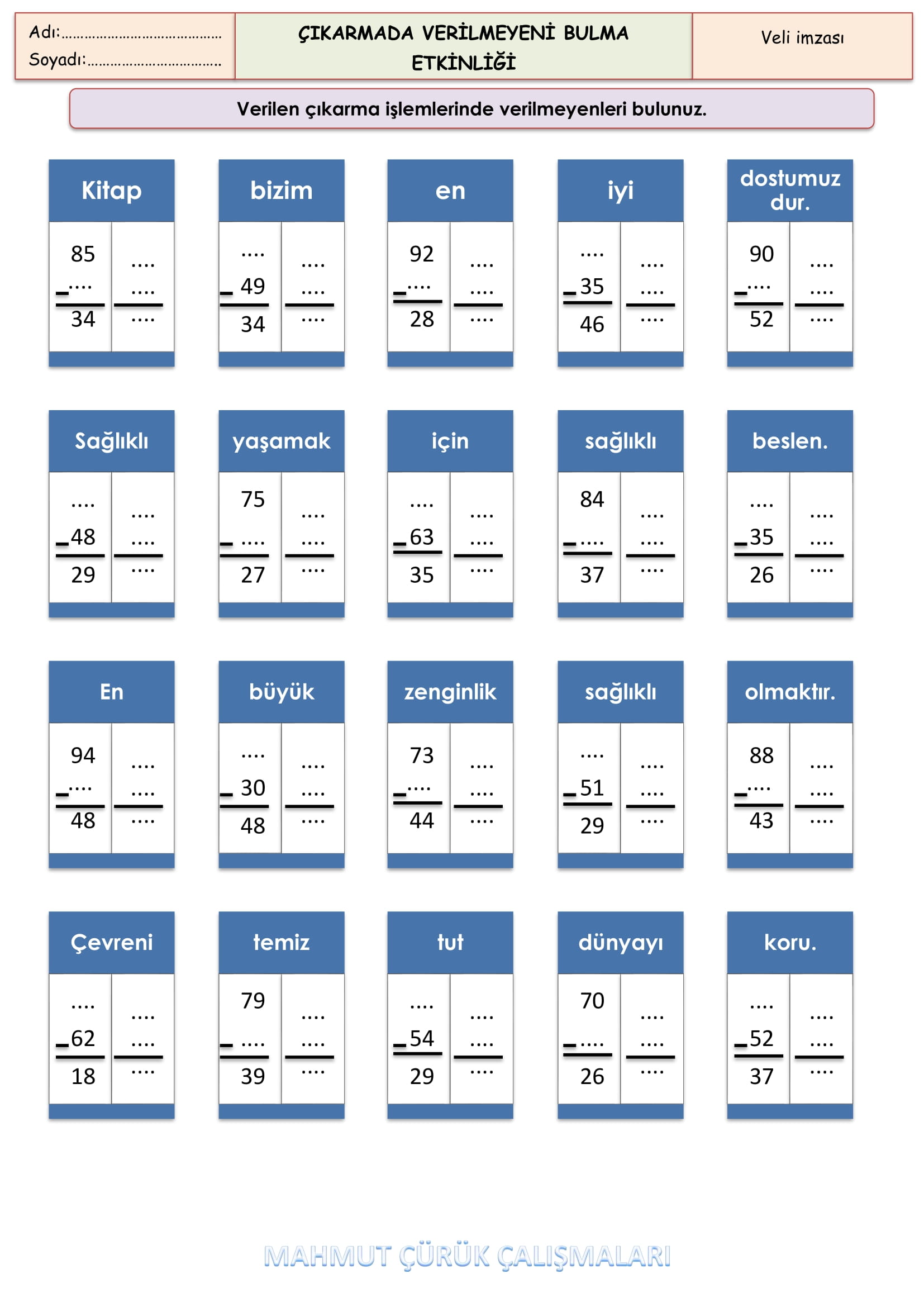 2. Sınıf - Matematik - Çıkarmada Verilmeyeni Bulma Etkinliği-2