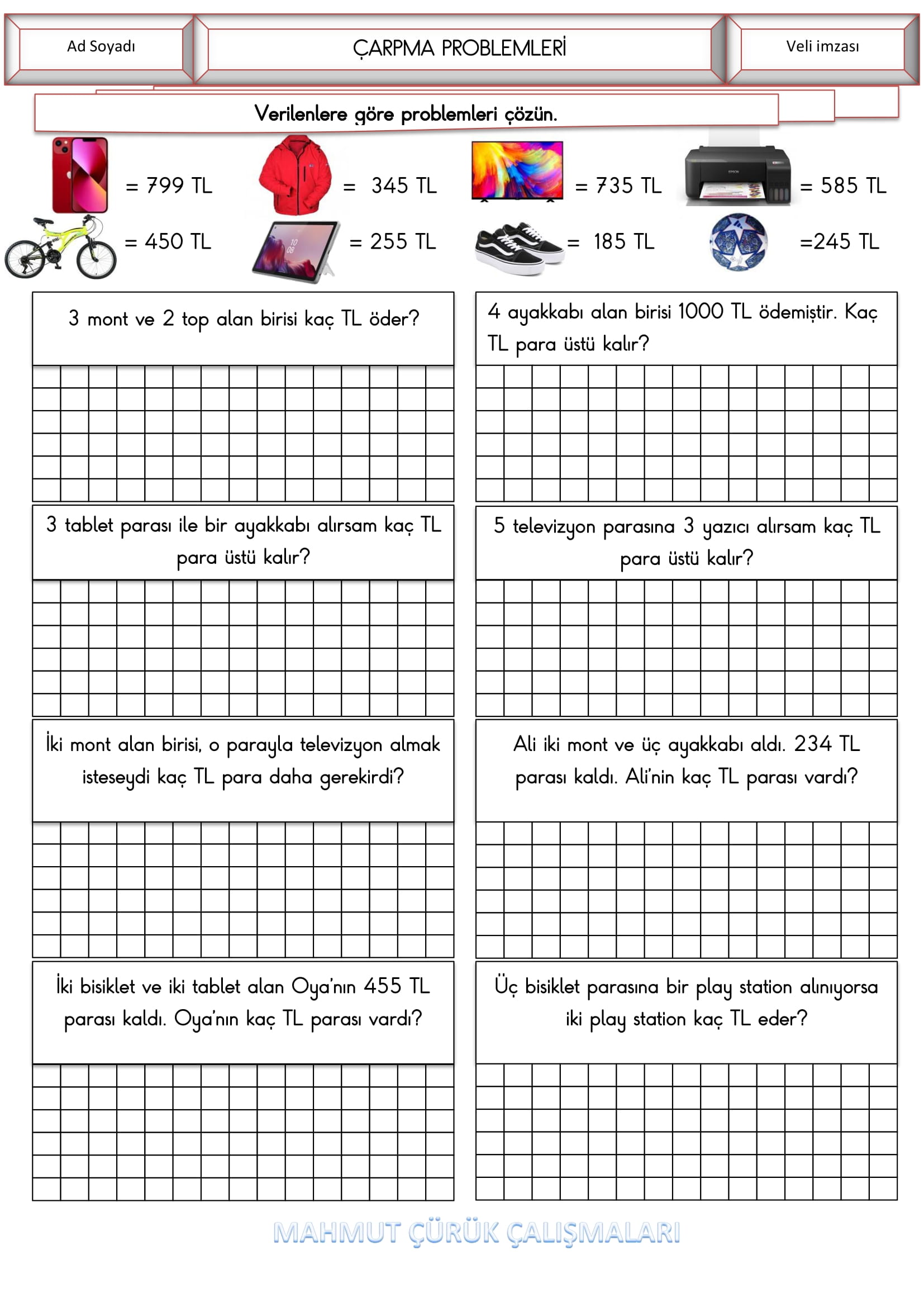 4. Sınıf - Matematik Çarpma Problemleri -4