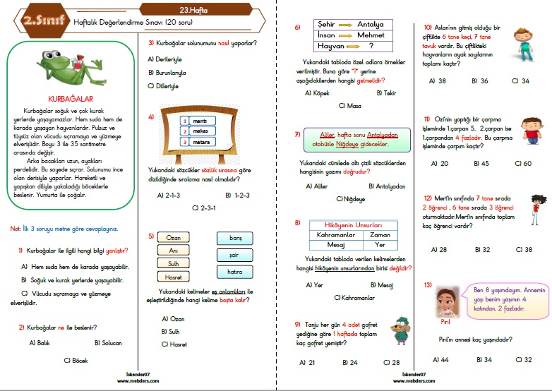 2. Sınıf Haftalık Değerlendirme Testi - 23.Hafta (06-10 Mart)