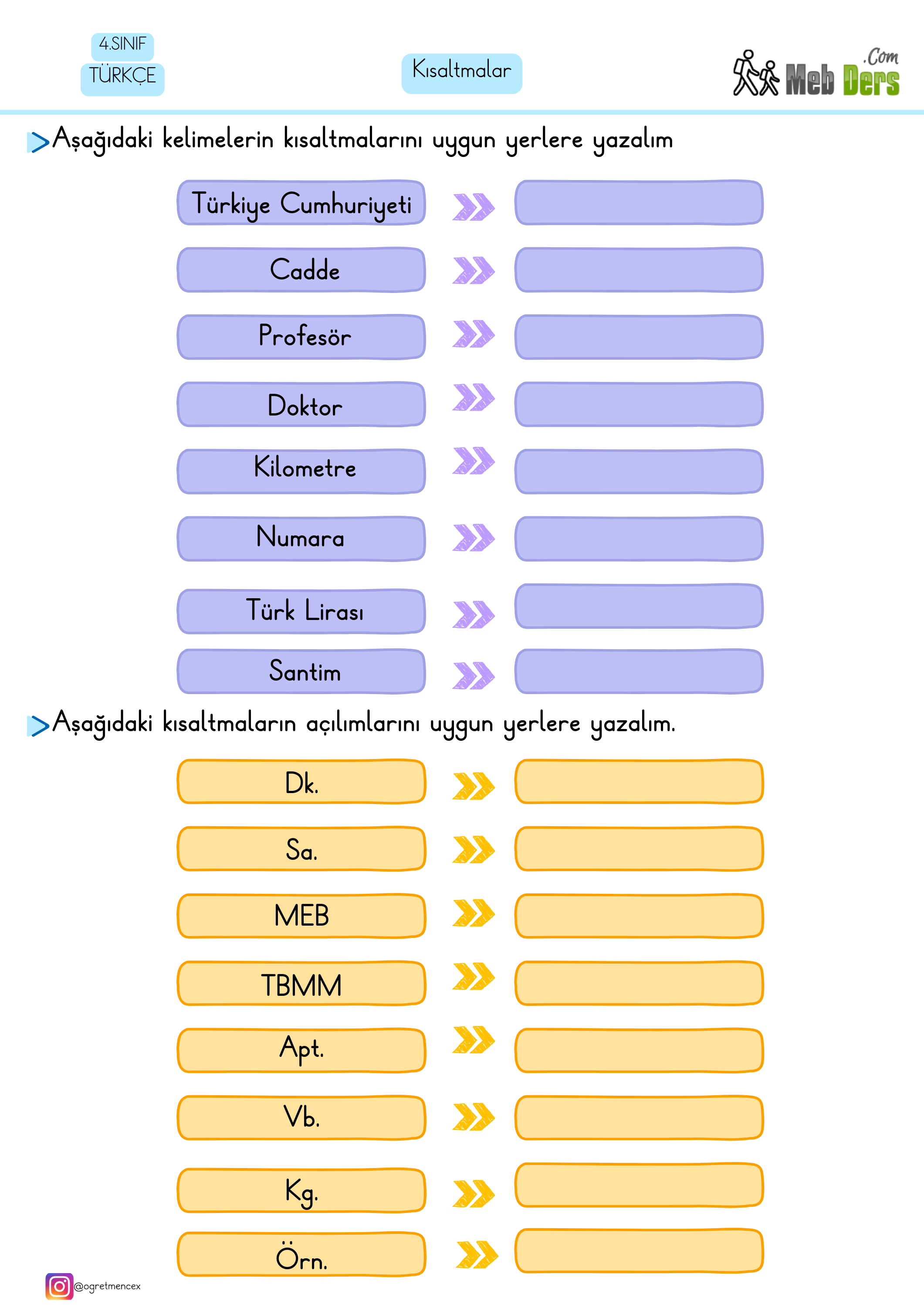 4. Sınıf Türkçe Kısaltmalar Çalışma Sayfası