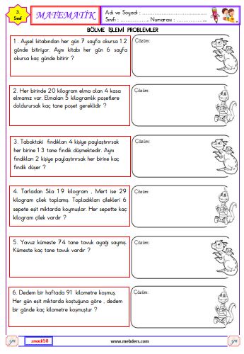 3. Sınıf Matematik Bölme İşlemi Problemleri Etkinliği 4