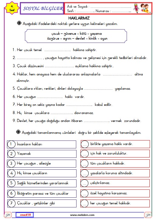 4. Sınıf Sosyal Bilgiler Haklarımız Etkinliği 3
