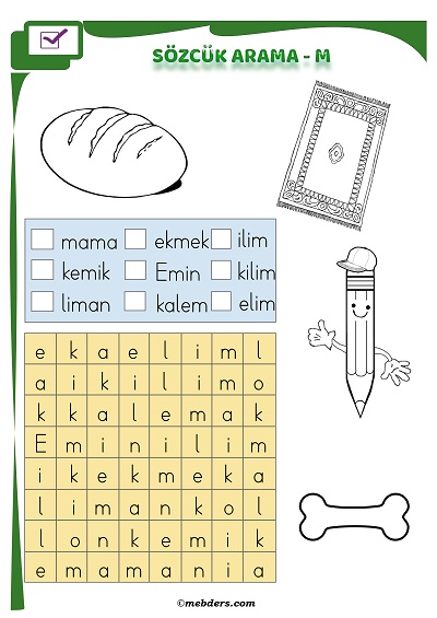 1. Sınıf İlkokuma Boyamalı Sözcük Arama Etkinliği - M Sesi