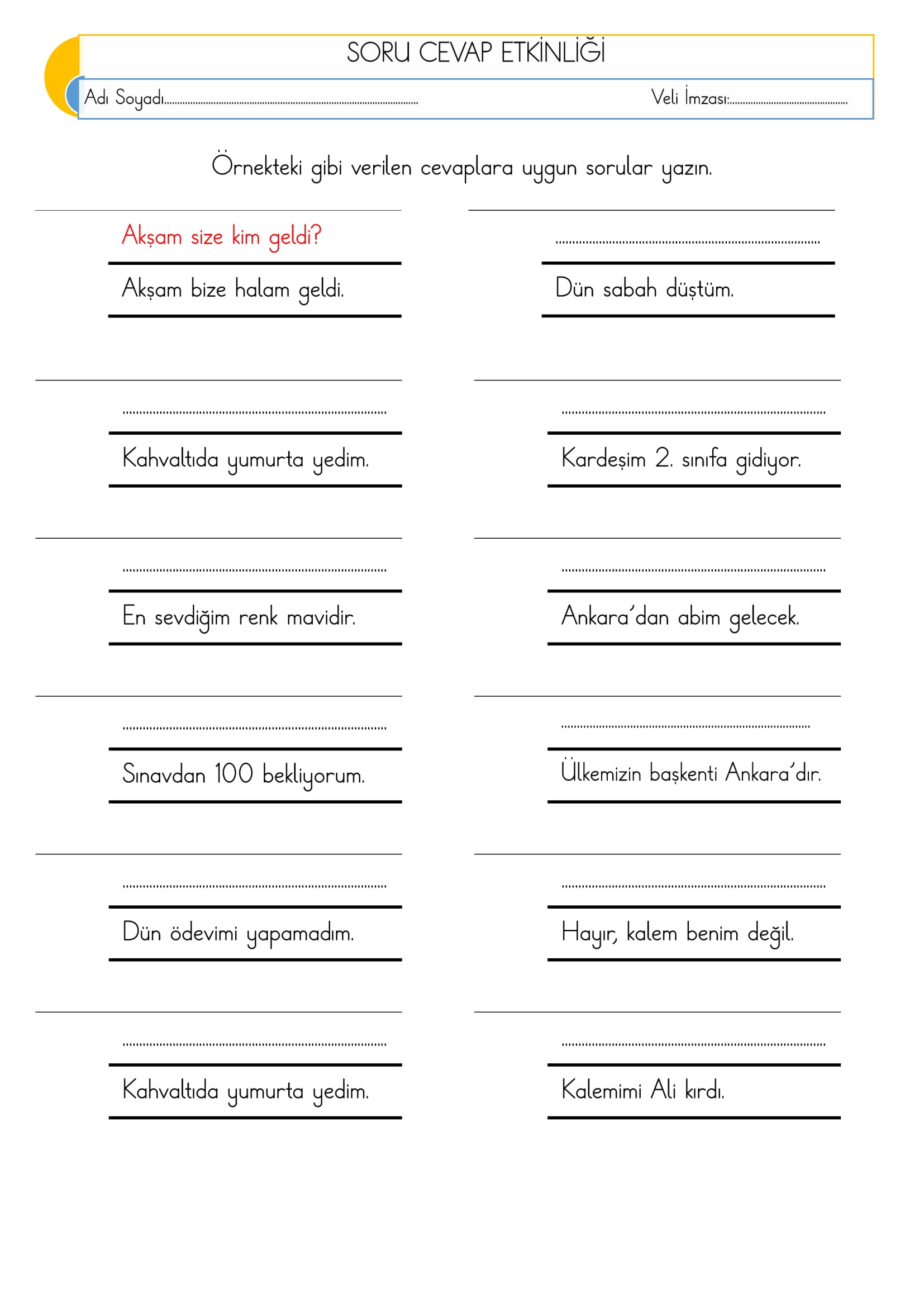 1. Sınıf Türkçe Soru Cevap Etkinliği