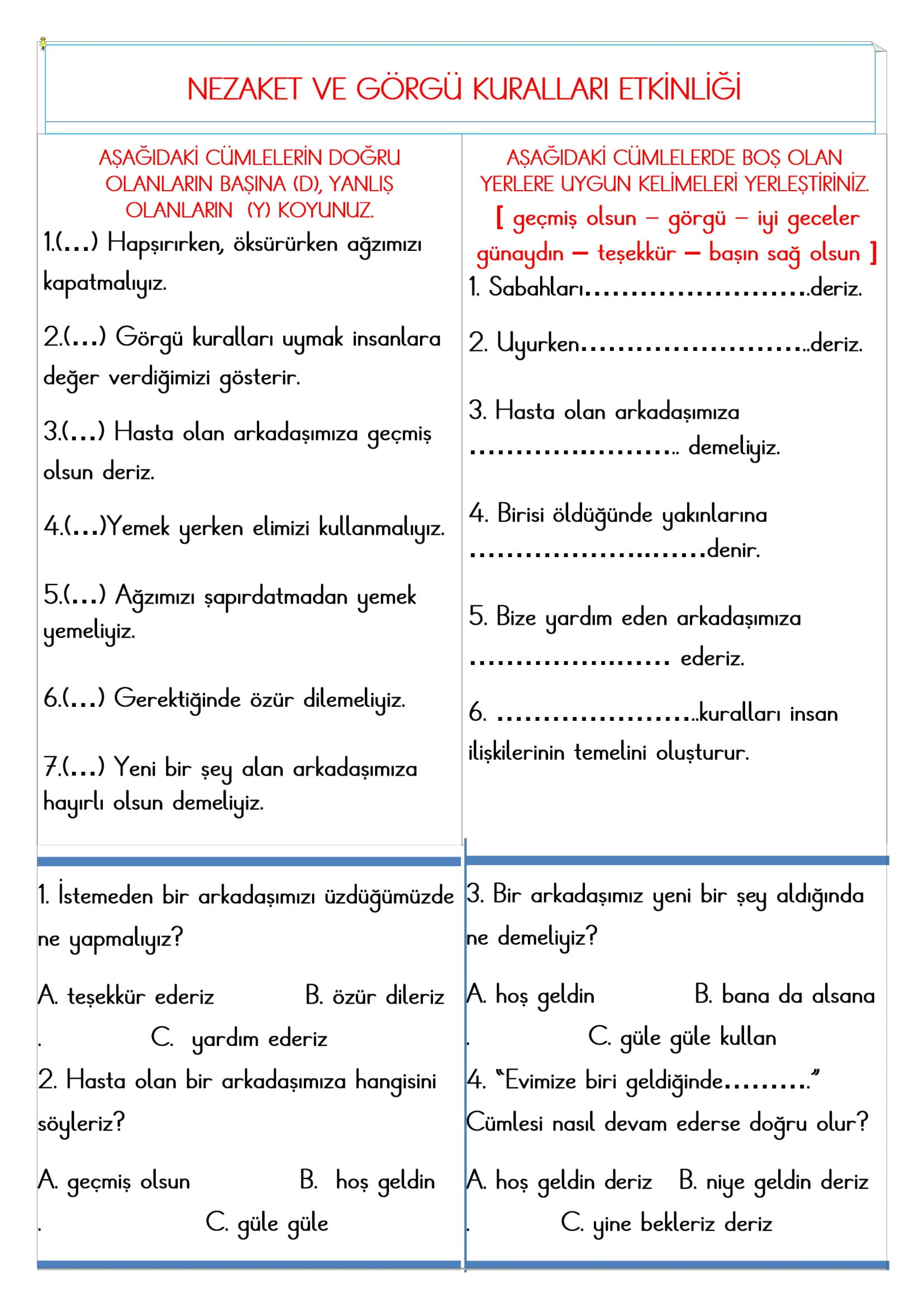 2. Sınıf - Hayat Bilgisi Nezaket ve Görgü Kuralları Etkinliği