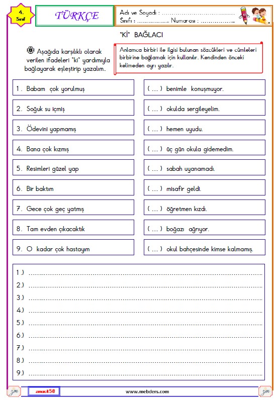 4. Sınıf Türkçe Ki Bağlacı Etkinliği 1