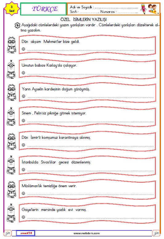 3. Sınıf Türkçe Özel İsimlerin Yazılışı Etkinliği