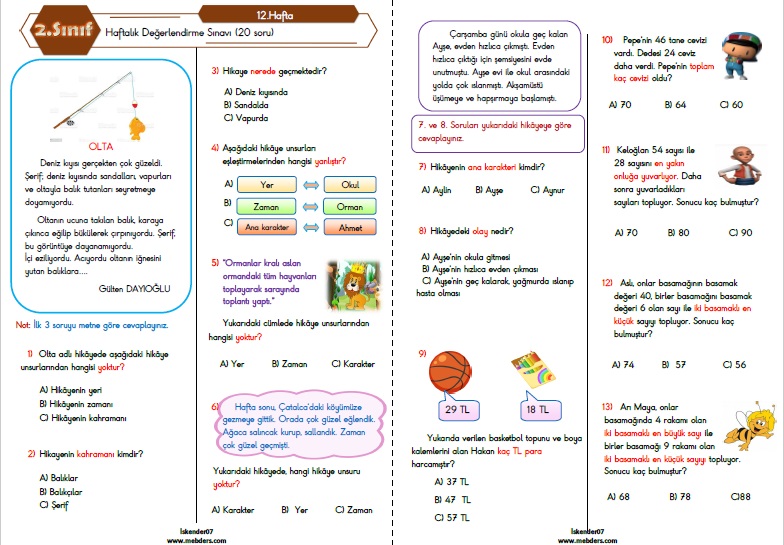 2. Sınıf Haftalık Değerlendirme Testi - 12.Hafta (29 Kasım-03 Aralık)
