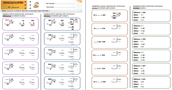 4. Sınıf Matematik Çarpma ve Bölme İşlemleri Arasındaki İlişki Etkinliği 3