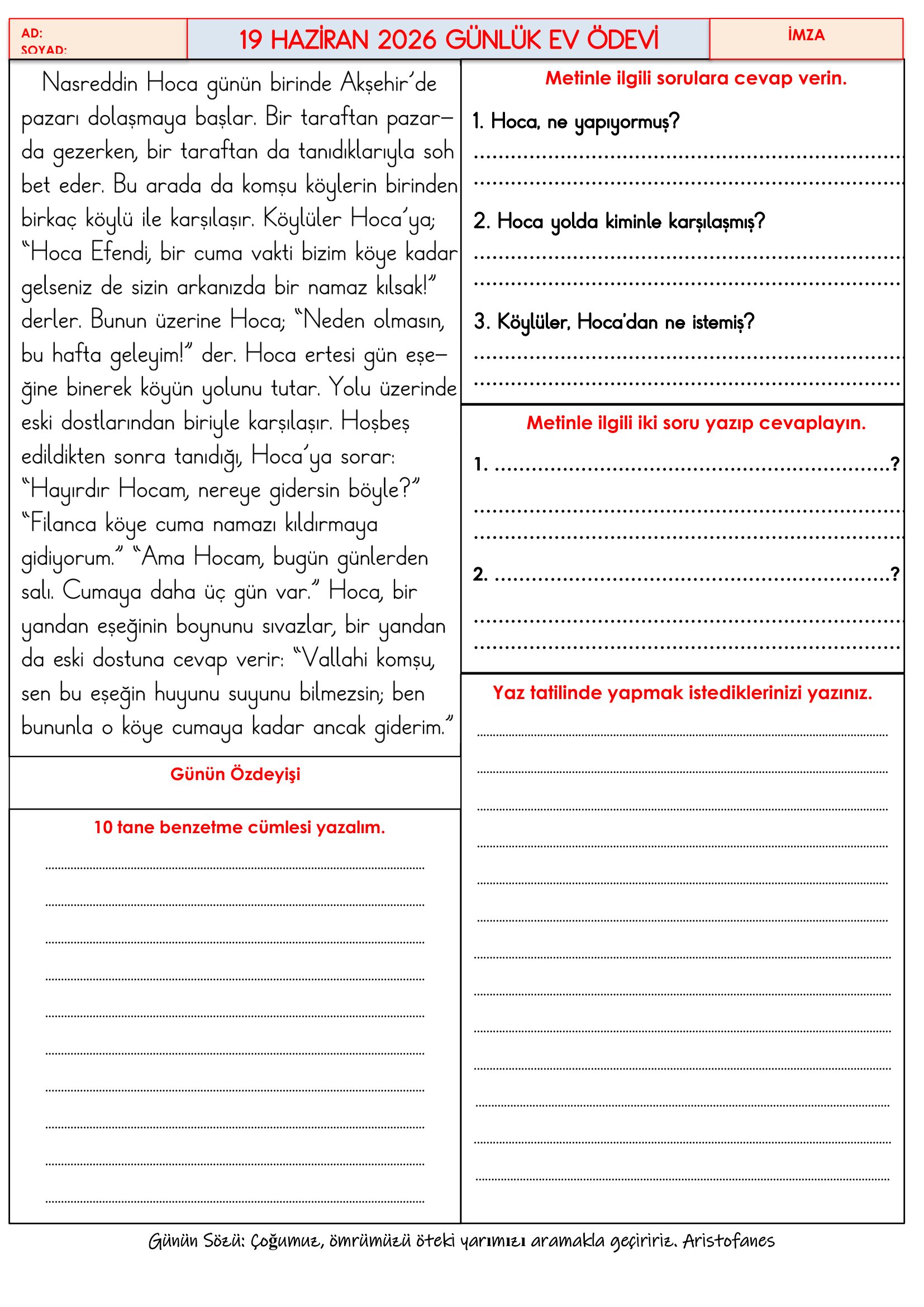 4. Sınıf - 19 Haziran 2026 Günlük Ev Ödevleri