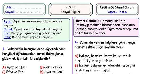 4. Sınıf Sosyal Bilgiler Üretimden Tüketime Yaprak Test 4