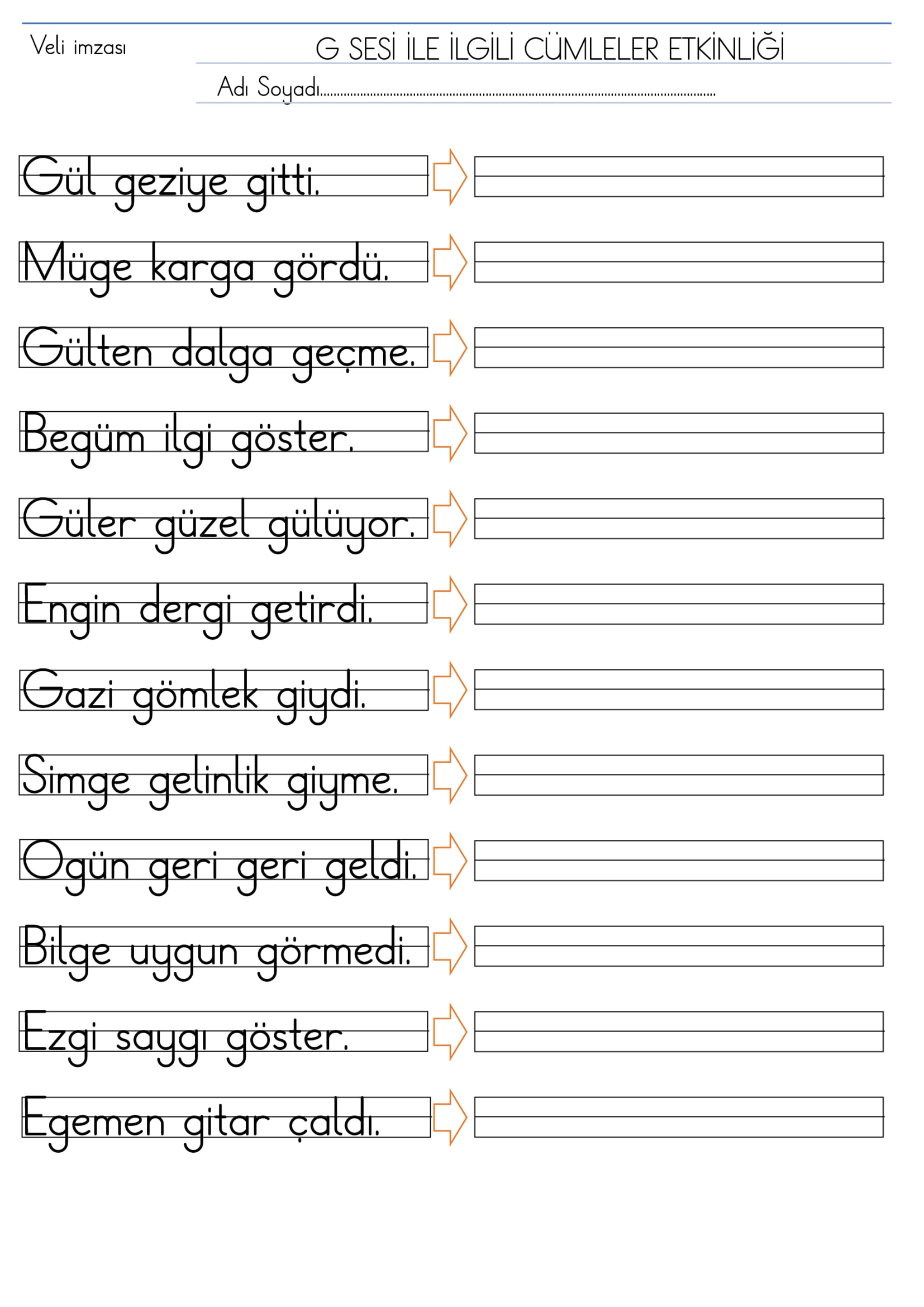 1. Sınıf İlk Okuma Yazma G Sesi Cümleler Etkinliği