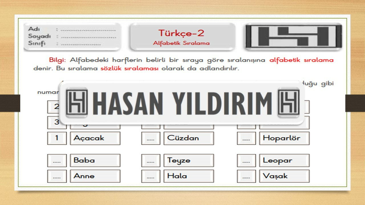 2. Sınıf Türkçe Alfabetik Sıralama Çalışma Sayfası