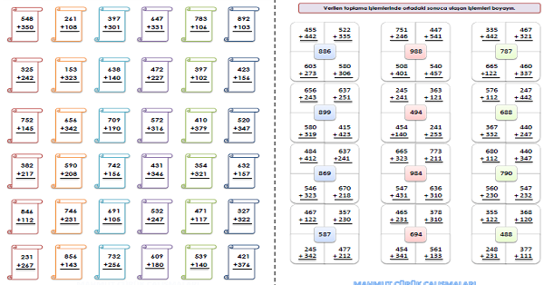 3. Sınıf Matematik Eldesiz Toplama İşlemi Etkinliği 5