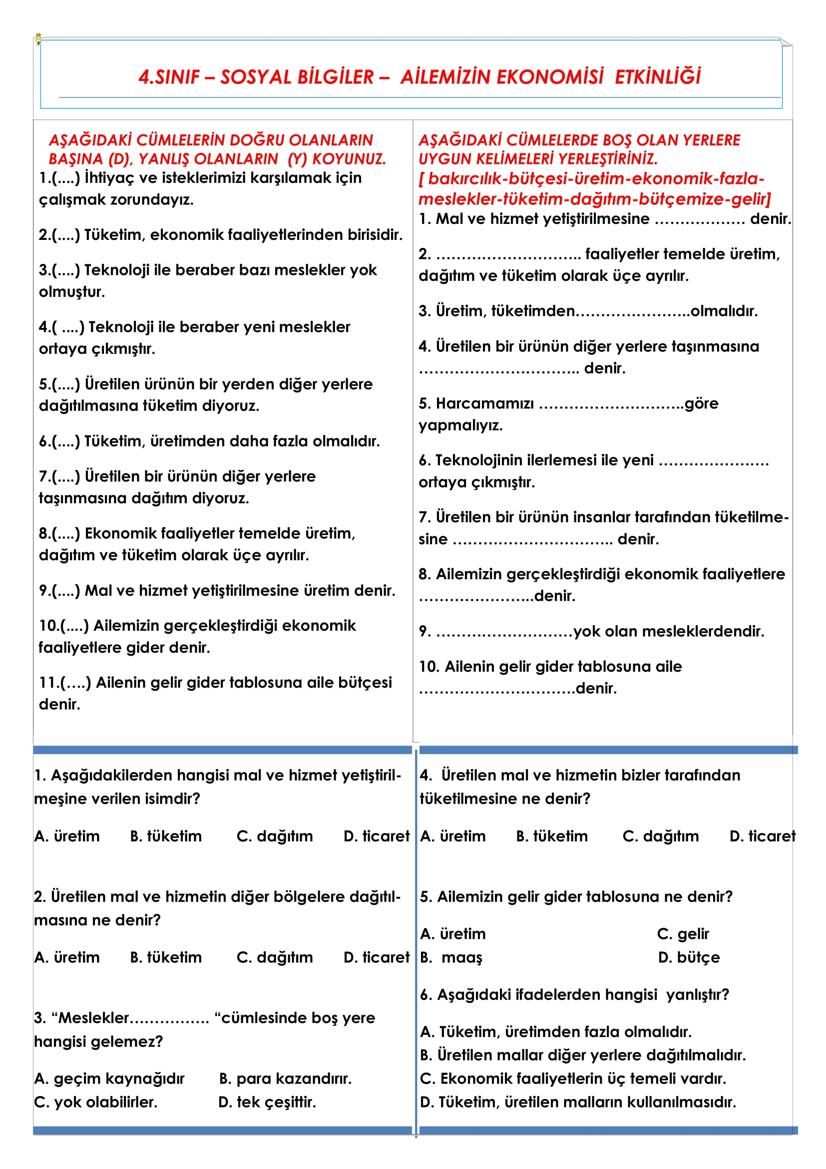 4. Sınıf Sosyal Bilgiler Ailemizin Ekonomisi Etkinliği