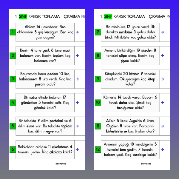 1. Sınıf Matematik - Karışık Toplama-Çıkarma Problemleri Etkinliği - 1