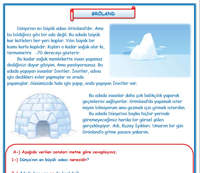 2. Sınıf Türkçe Gröland Okuma Anlama Etkinlik Çalışması