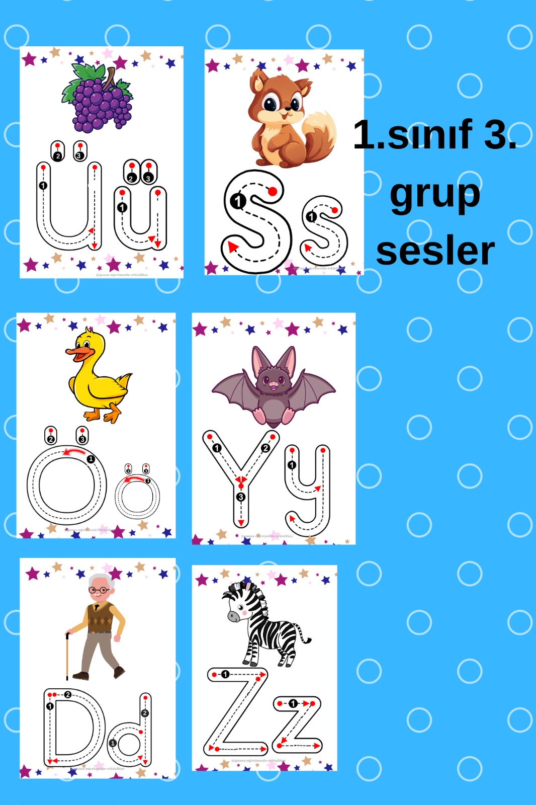 1. sınıf İlk Okuma Yazma 3. Grup Ü-S-Ö-Y-D-Z Ses Kartları