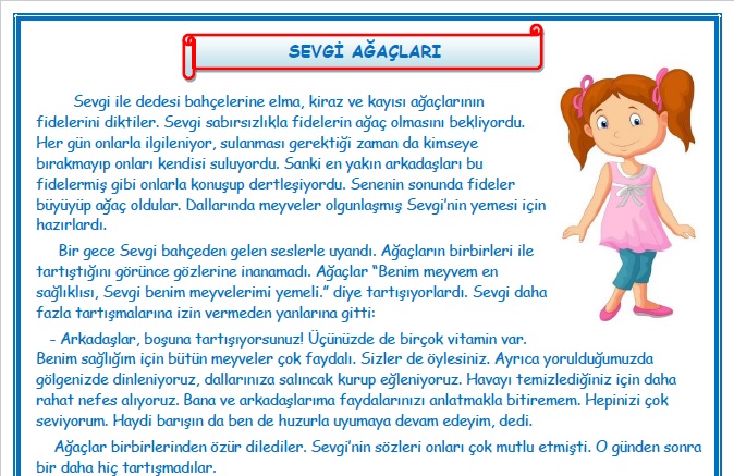 2. Sınıf Türkçe Sevgi Ağaçları Okuma Anlama Metin Çalışması