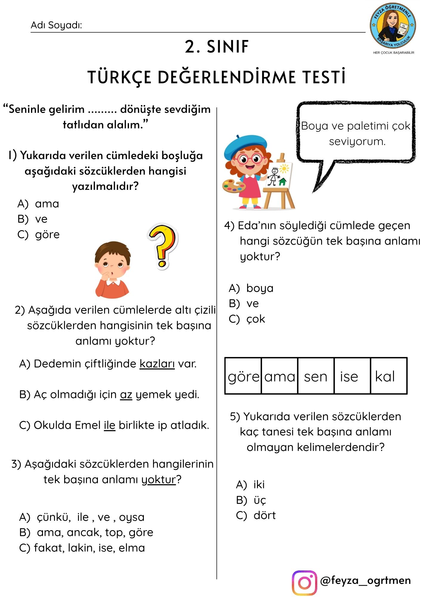 2. Sınıf 6. Hafta Türkçe-Matematik Dersinden Haftalık Değerlendirme Testi