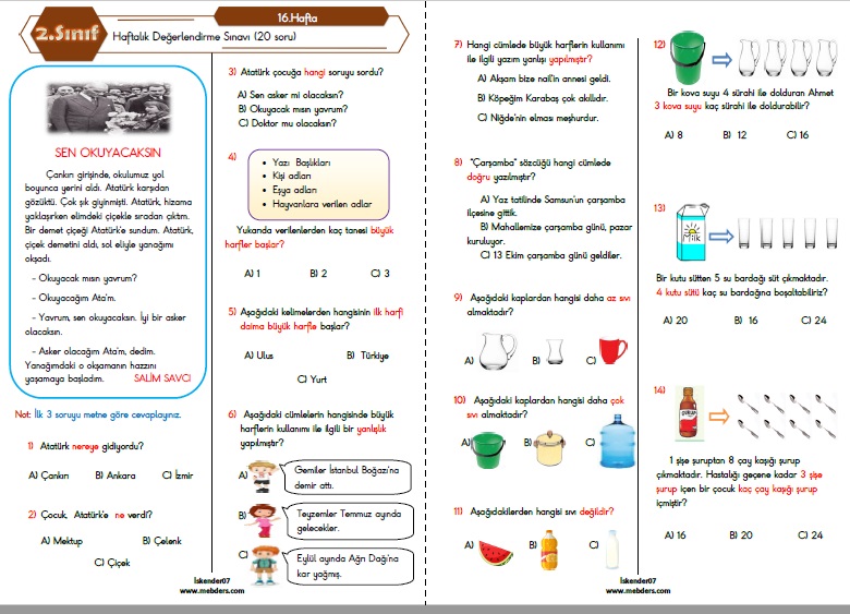 2. Sınıf Haftalık Değerlendirme Testi - 16.Hafta (27-31 Aralık)
