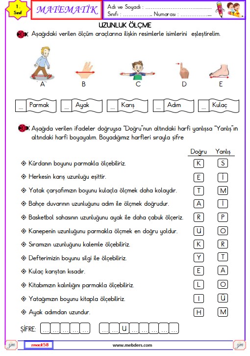 1. Sınıf Matematik Uzunluk Ölçme Etkinliği 9