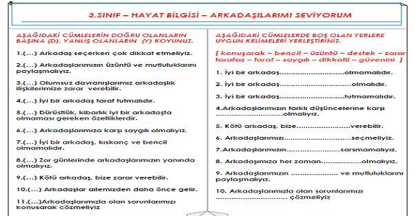 3. Sınıf - Hayat Bilgisi Arkadaşlarımı Seviyorum Etkinliği