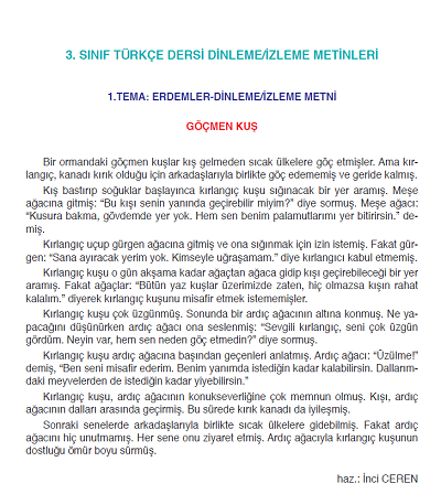 2018-2019 Yılı 3. Sınıf Türkçe SDR Yayıncılık Dinleme / İzleme Metinleri pdf