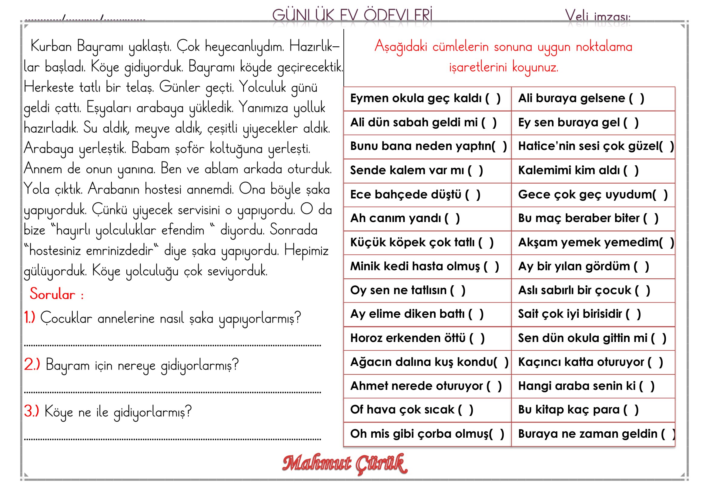 1. Sınıf - 11 Mayıs 2026 Günlük Ev Ödevleri