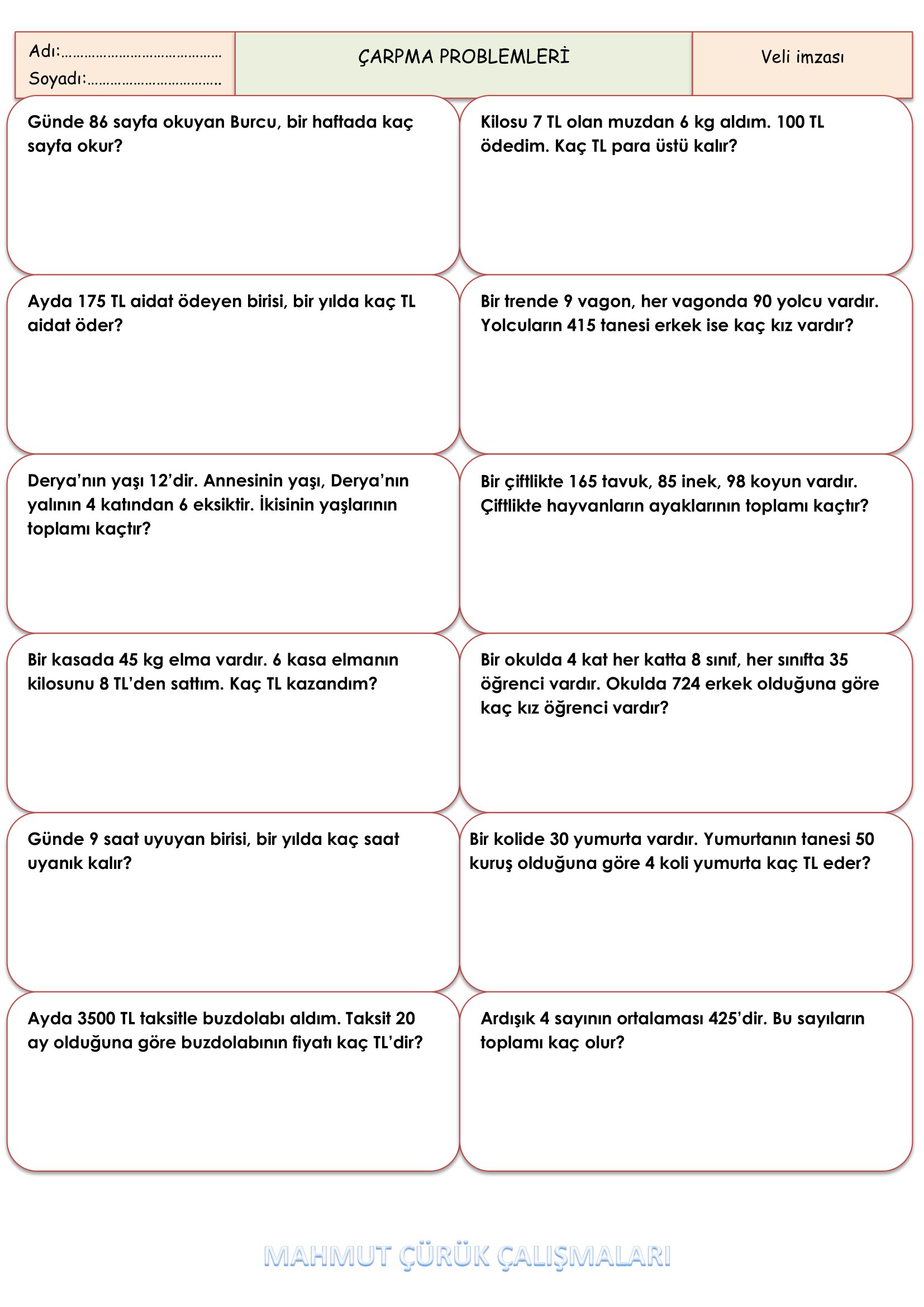 4. Sınıf - Matematik Çarpma Problemleri -1