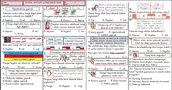 2. Sınıf Hayat Bilgisi Doğal Afetler ve Önlemler Testi
