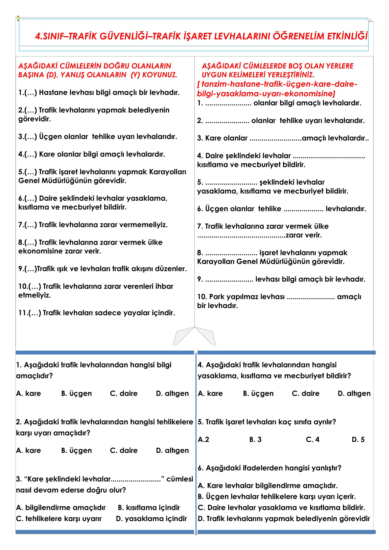 4. Sınıf Trafik Güvenliği Trafik İşaret Levhalarını Öğrenelim Etkinliği