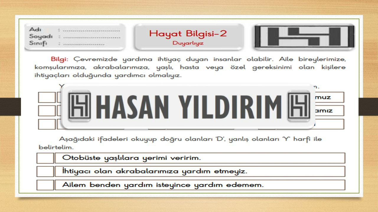 2. Sınıf Hayat Bilgisi Duyarlıyız Çalışma Sayfası