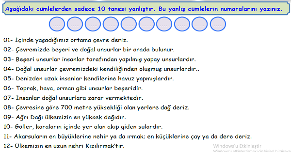 4. Sınıf Sosyal Bilgiler Yaşadığımız Yer Ünitesi Doğru-Yanlış Etkinliği