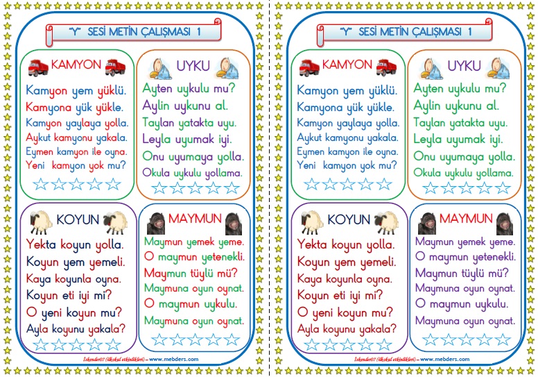 1. Sınıf Y-y Sesi Metin Çalışması (6 Sayfa - 12 Farklı Metin)