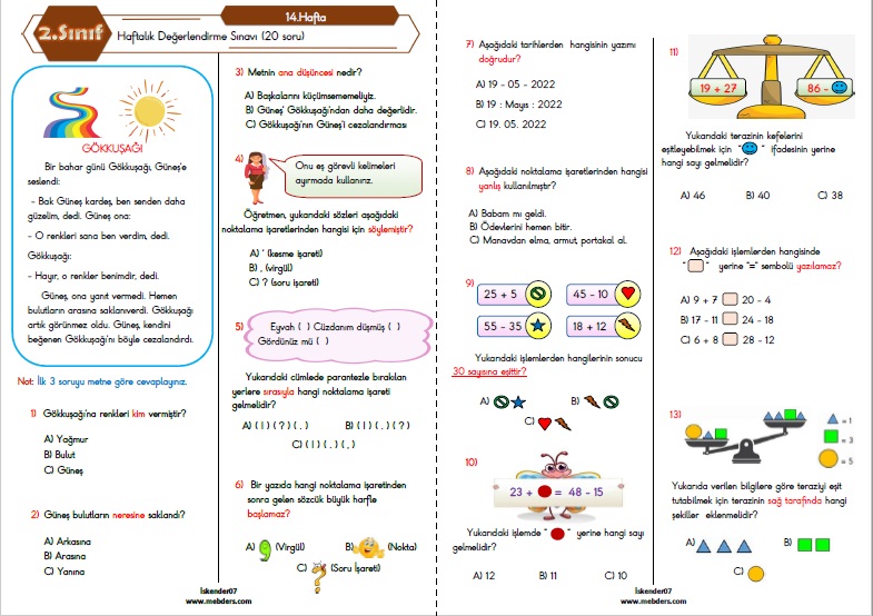 2. Sınıf Haftalık Değerlendirme Testi - 14.Hafta (13-17 Aralık)