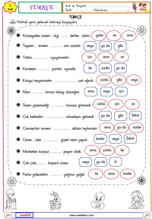 2. Sınıf Türkçe Tek Başına Anlamı Olmayan Kelimeler Etkinliği