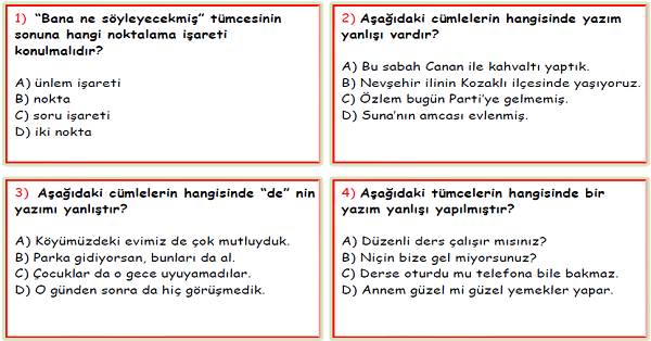 4. Sınıf Türkçe Noktalama İşaretleri ve Yazım Yanlışları Test-9