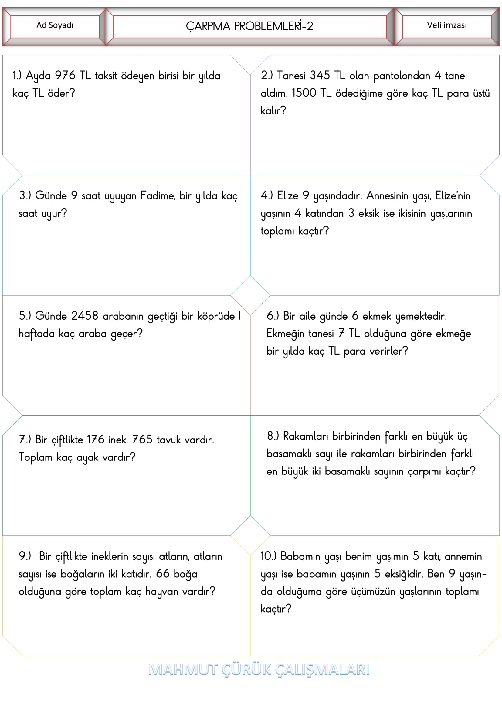 4. Sınıf Matematik Çarpma Problemleri -2