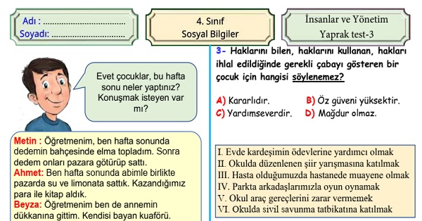 4. Sınıf Sosyal Bilgiler İnsanlar ve Yönetim Ünitesi Yaprak Test 3