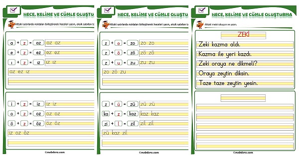 1. Sınıf İlk Okuma Z Sesi Birleştirme Etkinliği