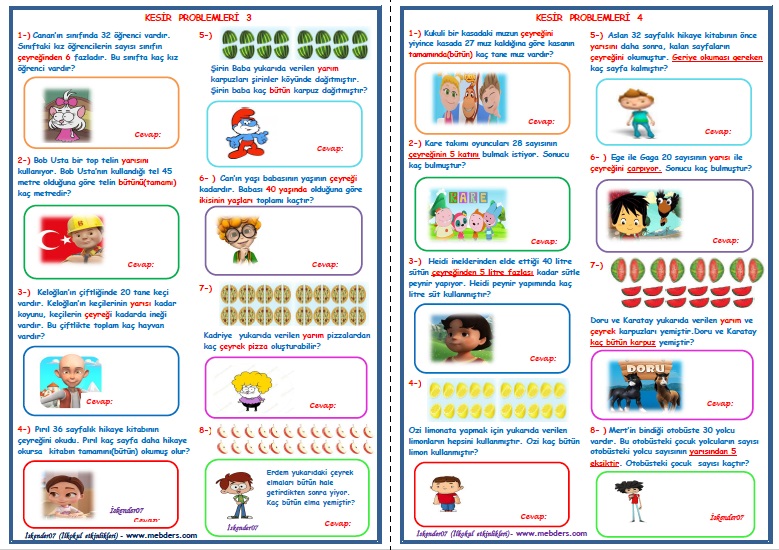 2. Sınıf Matematik Kesir Problemleri 3-4 (2 Sayfa-16 Soru)