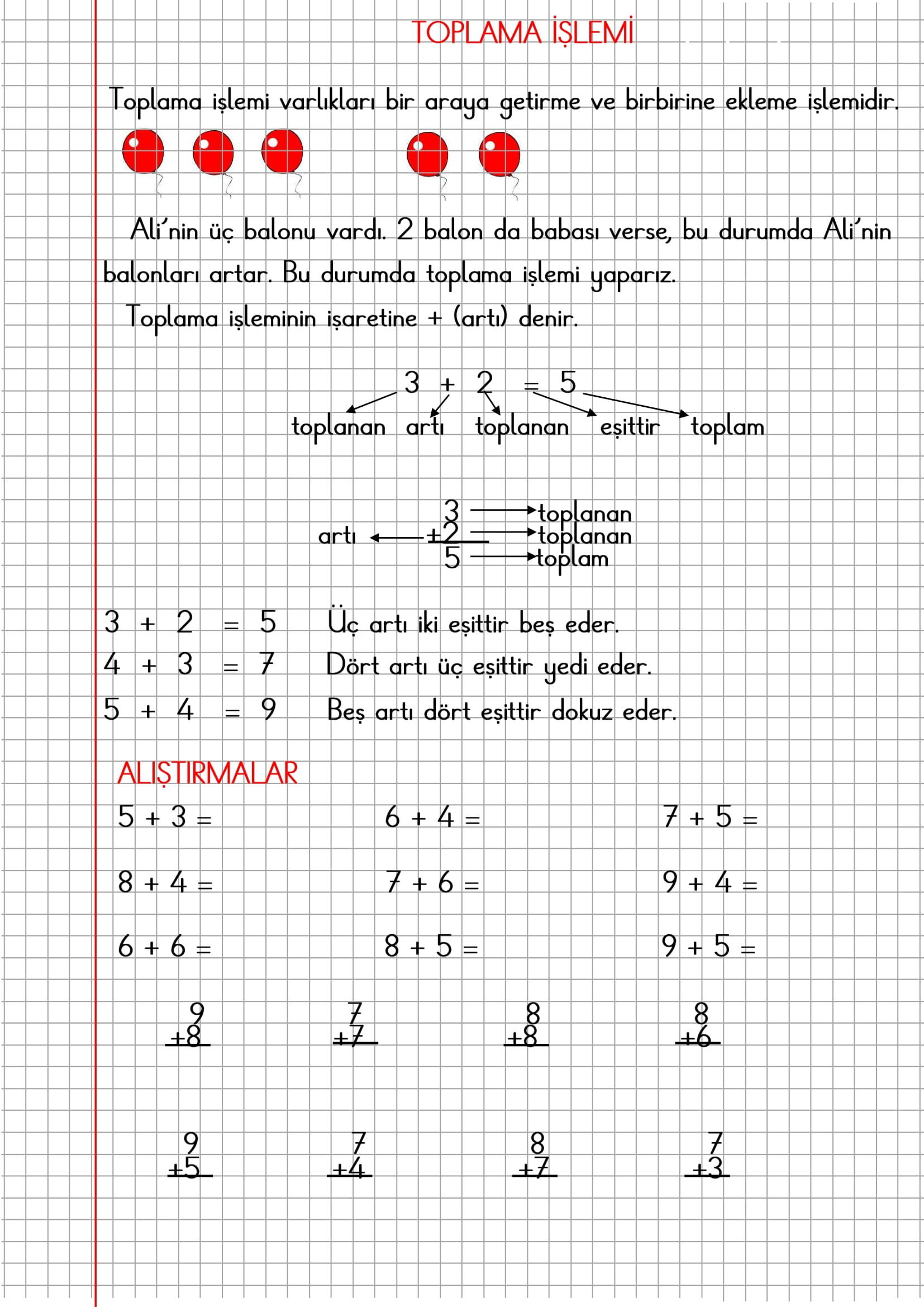 1. Sınıf Matematik Kareli Defterde Toplama İşlemi Konu Anlatımı