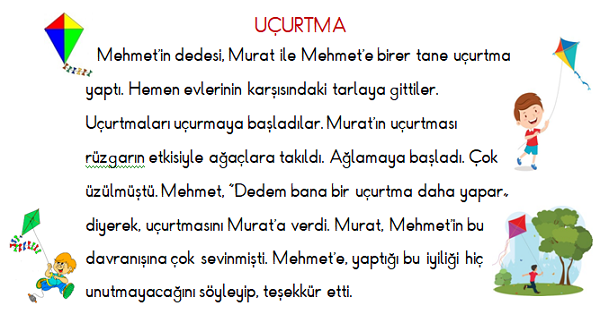 1. Sınıf Türkçe Uçurtma Okuma ve Anlama Etkinliği
