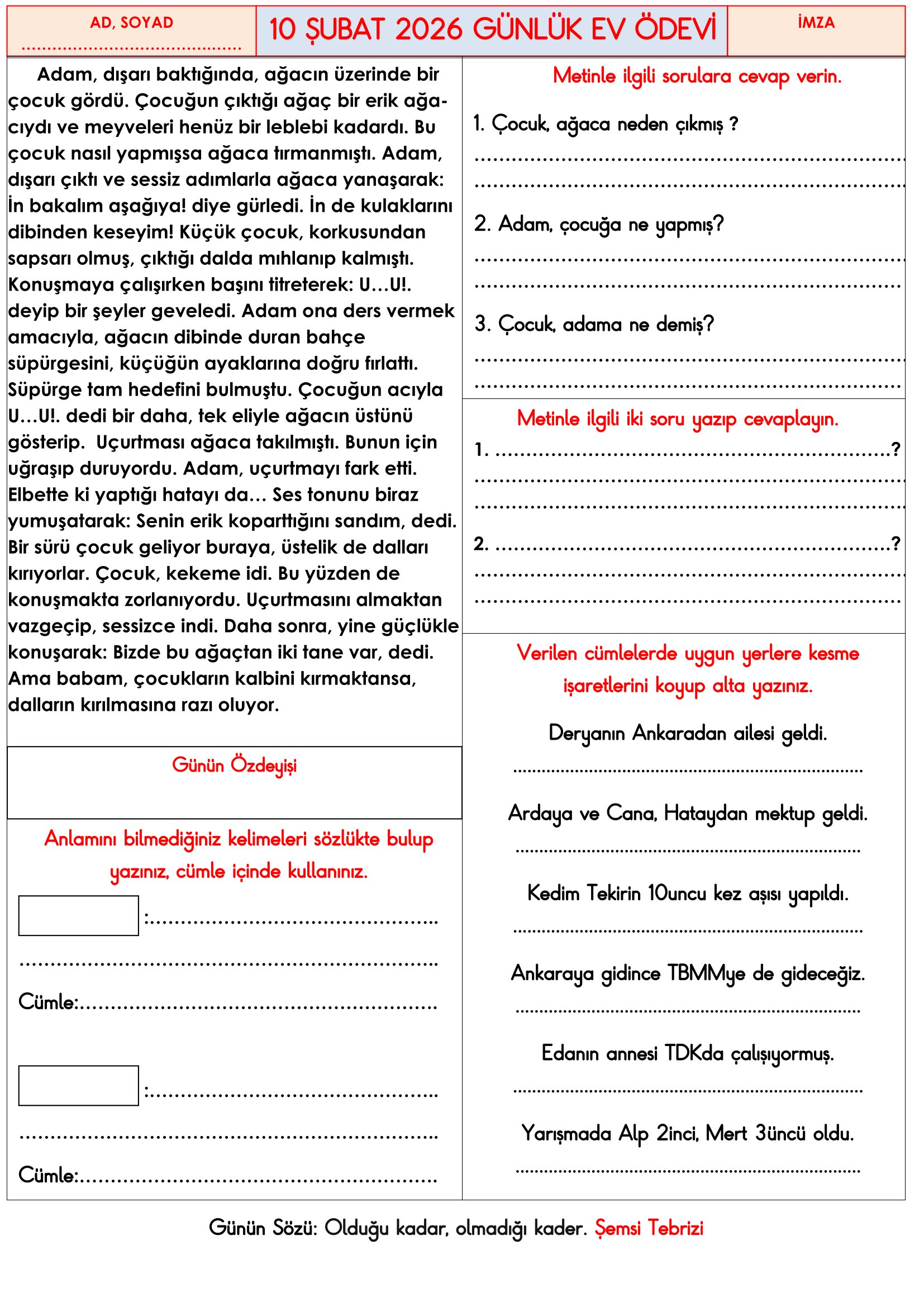 3. Sınıf - 10 Şubat 2026 Günlük Ev Ödevleri
