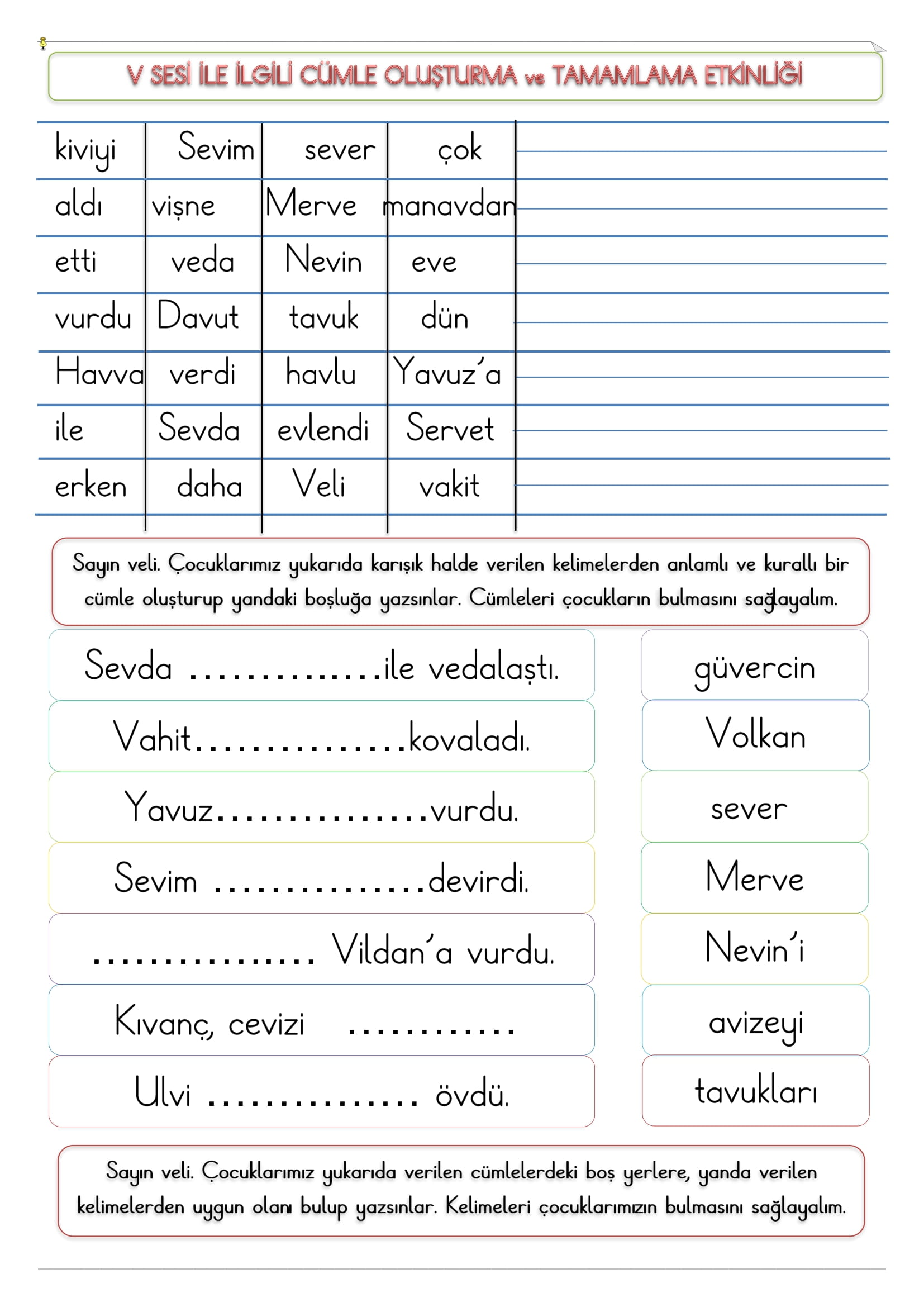 1. Sınıf V Sesi Cümle Oluşturma ve Tamamlama Etkinliği